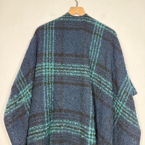 Woolrich Poncho Shawl Wrap One Size Navy Blue Green Tartan Plaid Open Front - Picture 5 of 8
